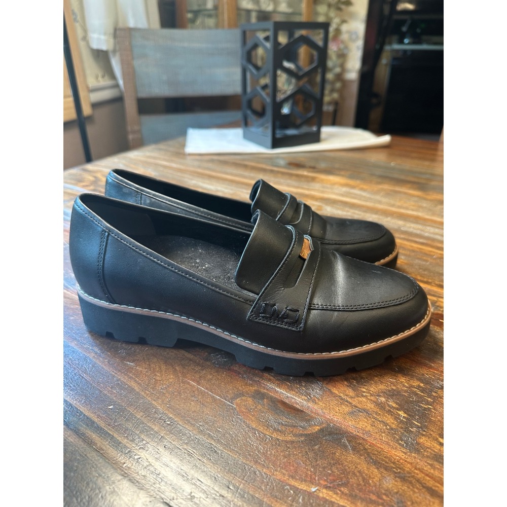 Vionic Cheryl II Black Leather Lug Sole Penny Loafers Womens 8.5 Orthotic Shoes